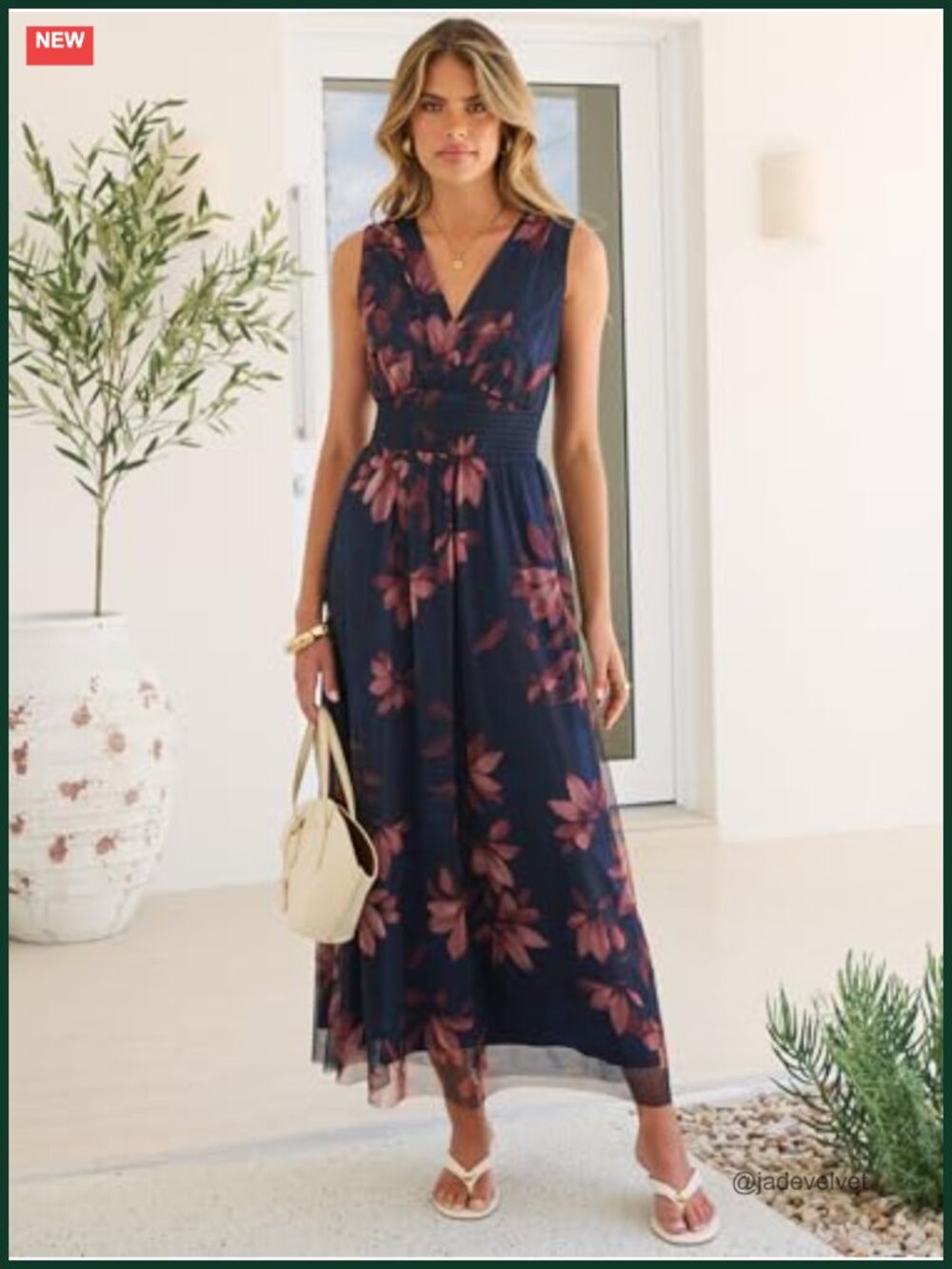 Sleeveless V Neck A-Line Maxi Dress with Elastic Waist, Floral Tulle, Flowy - Picture 5 of 6